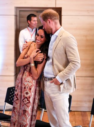 Meghan, Duchess of Sussex and Prince Harry, Duke of Sussex are seen at Centro Nacional de las Artes Delia Zapata during The Duke and Duchess of Sussex's Colombia Visit on August 15, 2024 in Bogota, Colombia.