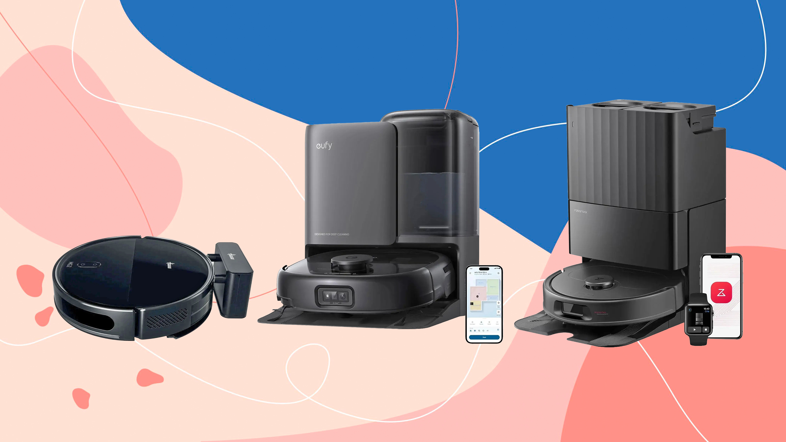 Three of the best robot vacuum cleaners on a pink and blue background