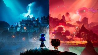 Key art from Stage Fright, showing a split image of two characters looking at a spooky landscape (left) and a sunset town (right)