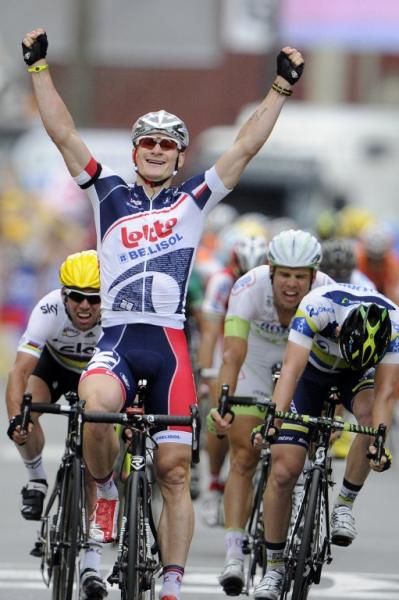 Andre Greipel (Lotto Belisol) celebrates victory in stage 5 of the Tour de France.