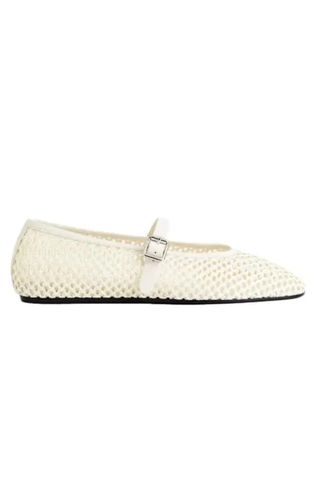 Vorisvina Woven Mesh Ballet Flats for Women Silver Metal Buckle Strap Mary Jane Flats Casual Comfortable Ballerina Dressy Fishnet Shoes