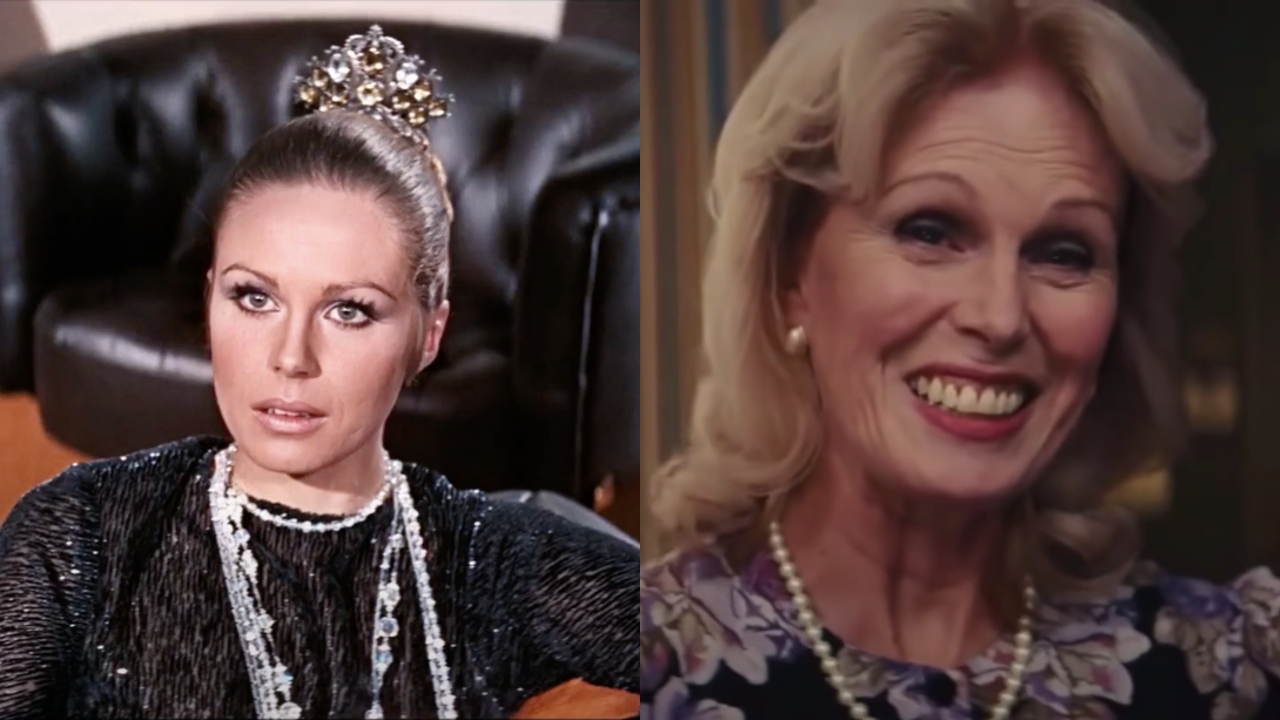 Joanna Lumley, pictured side by side, in On Her Majesty's Secret Service and The Wolf of Wall Street