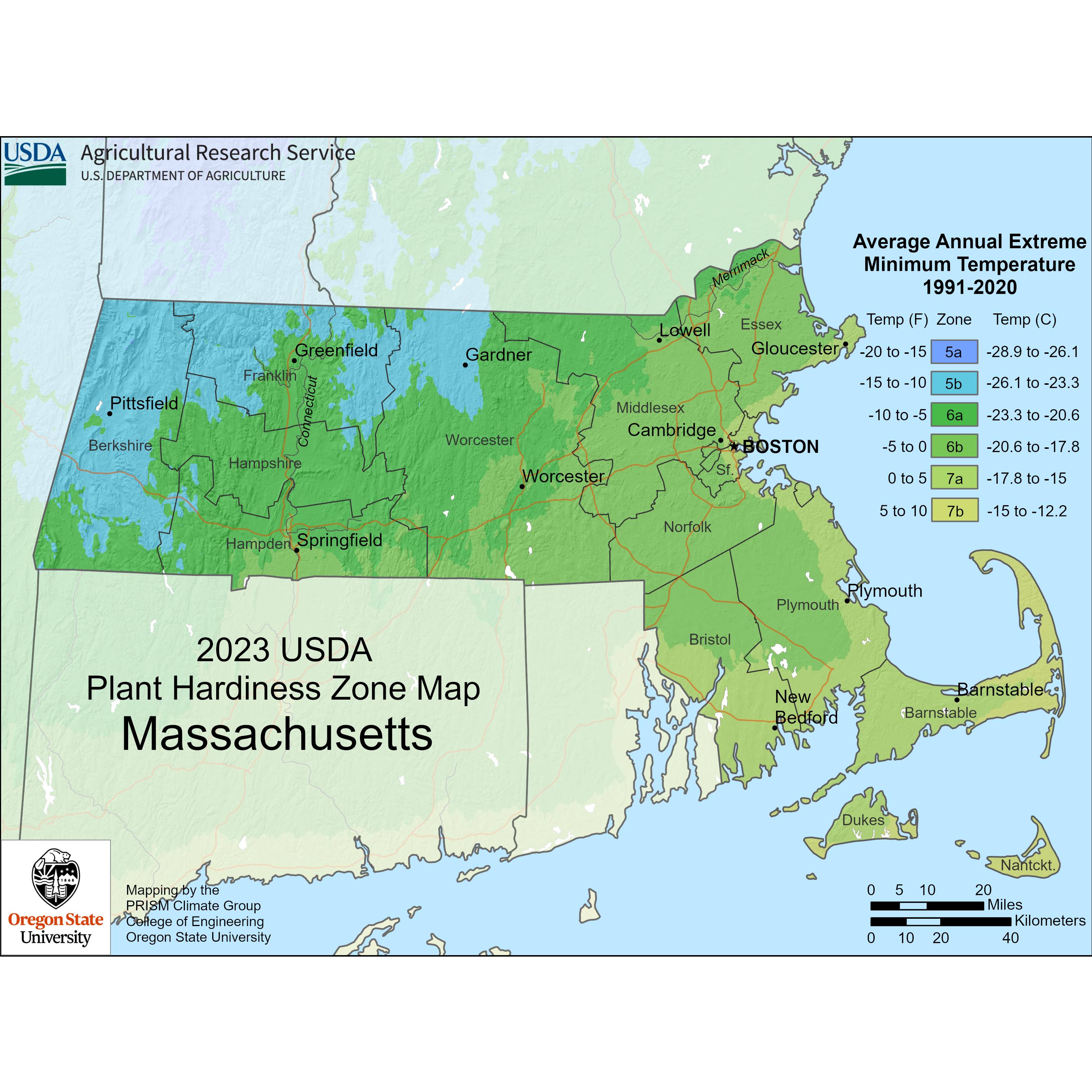 USDA Plant Hardiness Zone Map for Massachusetts
