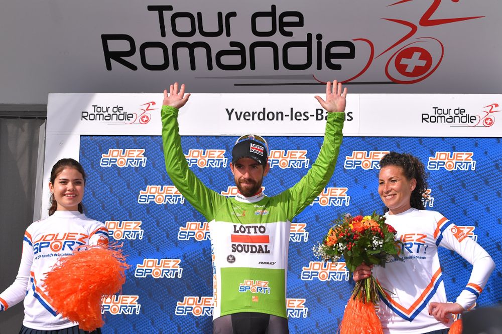 Thomas De Gendt in green after stage 2 at Tour de Romandie