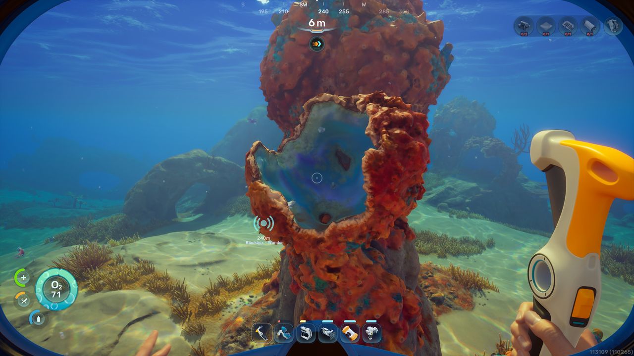 Subnautica 2 quartz: A player looking at quartz crystals inside a coral dome.