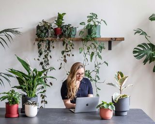 Beth Chapman, founder of Leaf Envy writing at laptop surrounded by houseplants