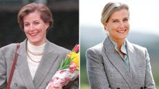 A composite of a picture of Duchess Sophie in a grey suit in 1995 and a grey suit in 2024