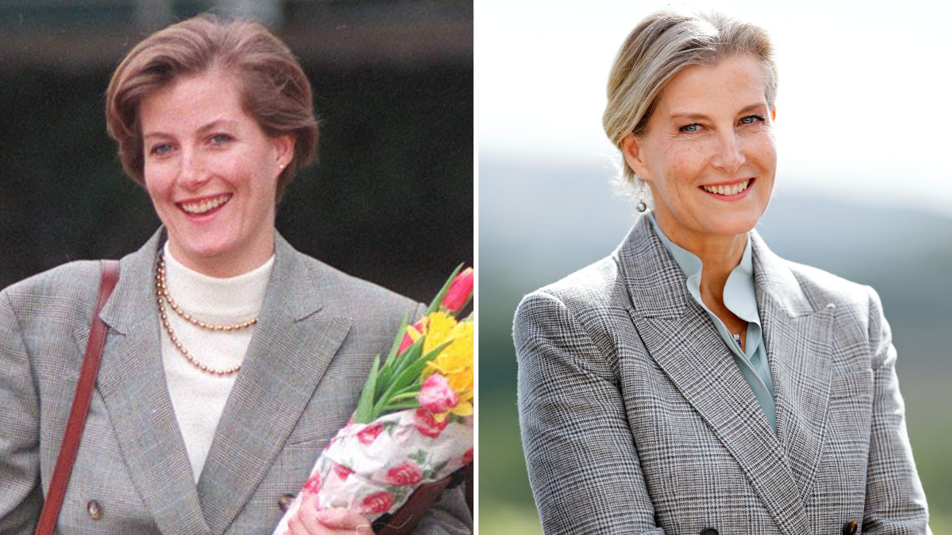 A composite of a picture of Duchess Sophie in a grey suit in 1995 and a grey suit in 2024
