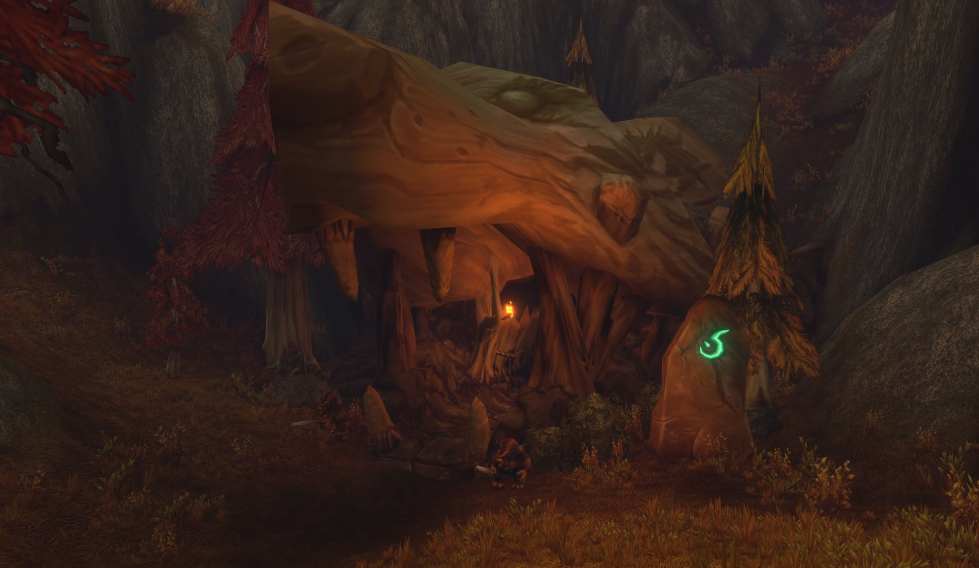A screenshot of World of Warcraft: Forever. A bear-like snout made out of wood portrudes out from a mountainside. It's mouth is agape to form an entrance.