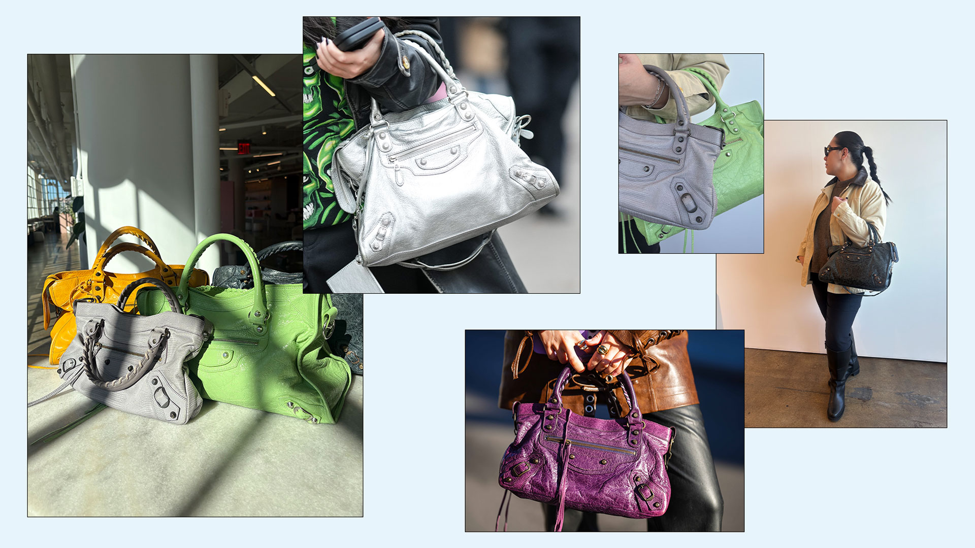 Collage of different Balenciaga City bags.