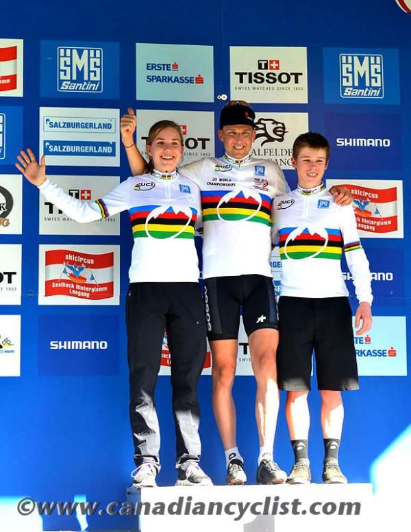 After his last cross country Worlds race, Christoph Sauser poses with junior world champions Andrea Waldis and Anton Cooper