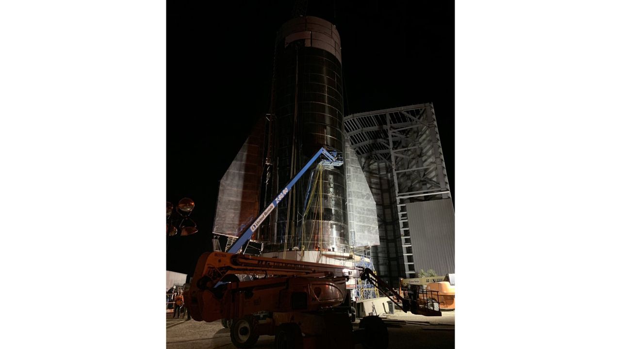 The bottom half of SpaceX's Starship Mk 1 prototype is seen at the company's South Texas facilities in this photo posted on Twitter by Elon Musk on Sept. 22, 2019.