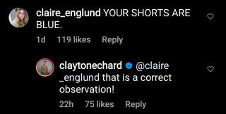 Clayton Echard responds to a fan on Instagram.