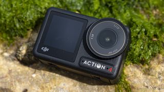 DJI Osmo Action 4 camera on a rock on a beach