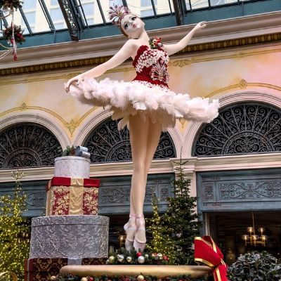 The Conservatory at the Bellagio Hotel &amp;amp; Casino is decorated in a colorful Nutcracker Christmas holiday theme