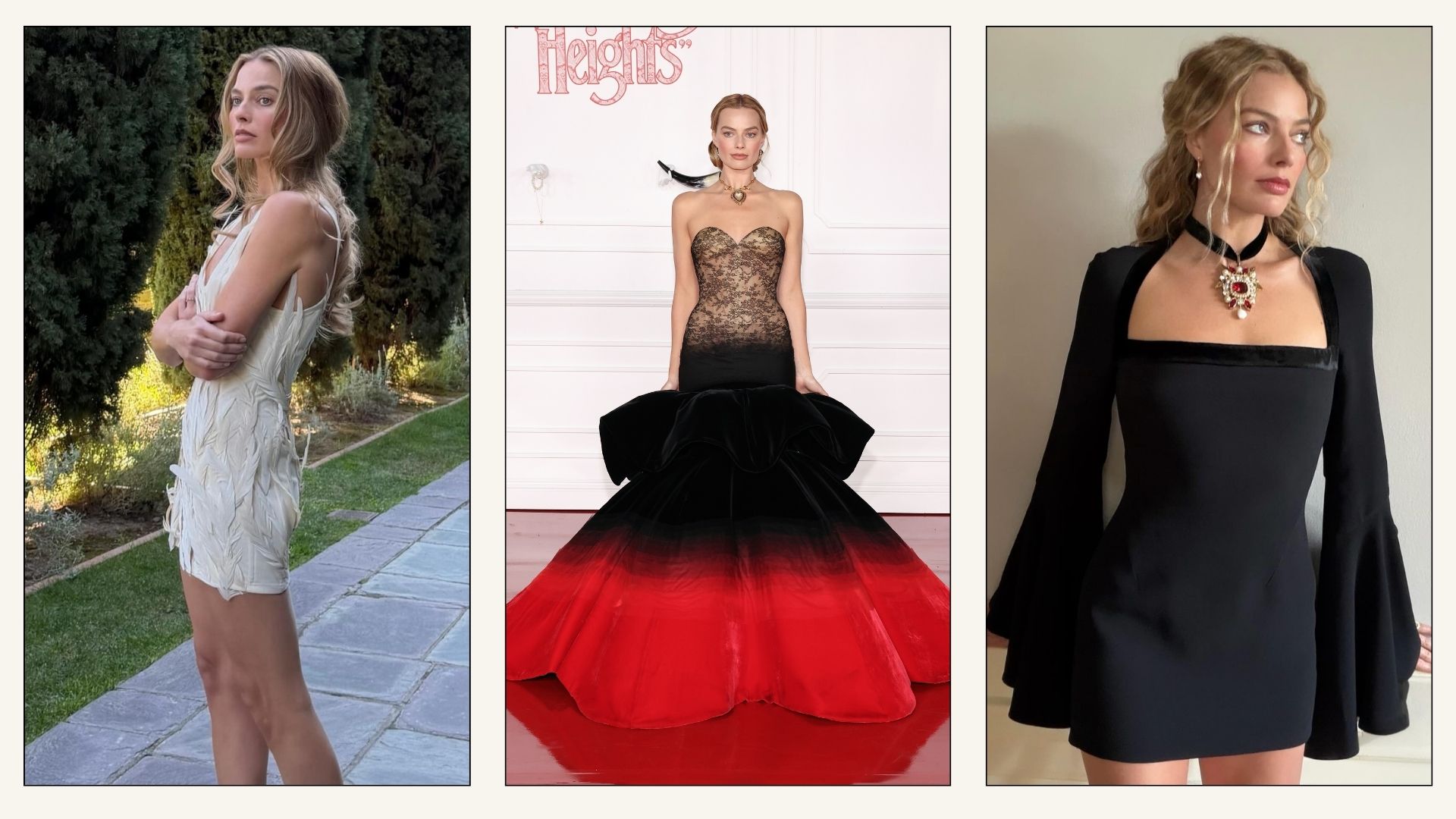 Collage of Margot Robbie's Wuthering Heights press tour looks.