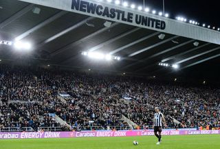 Bruno Guimaraes of Newcastle United (39) takes penalty kickduring the Carabao Cup Third Round match between Newcastle United and Crystal Palace at St James' Park