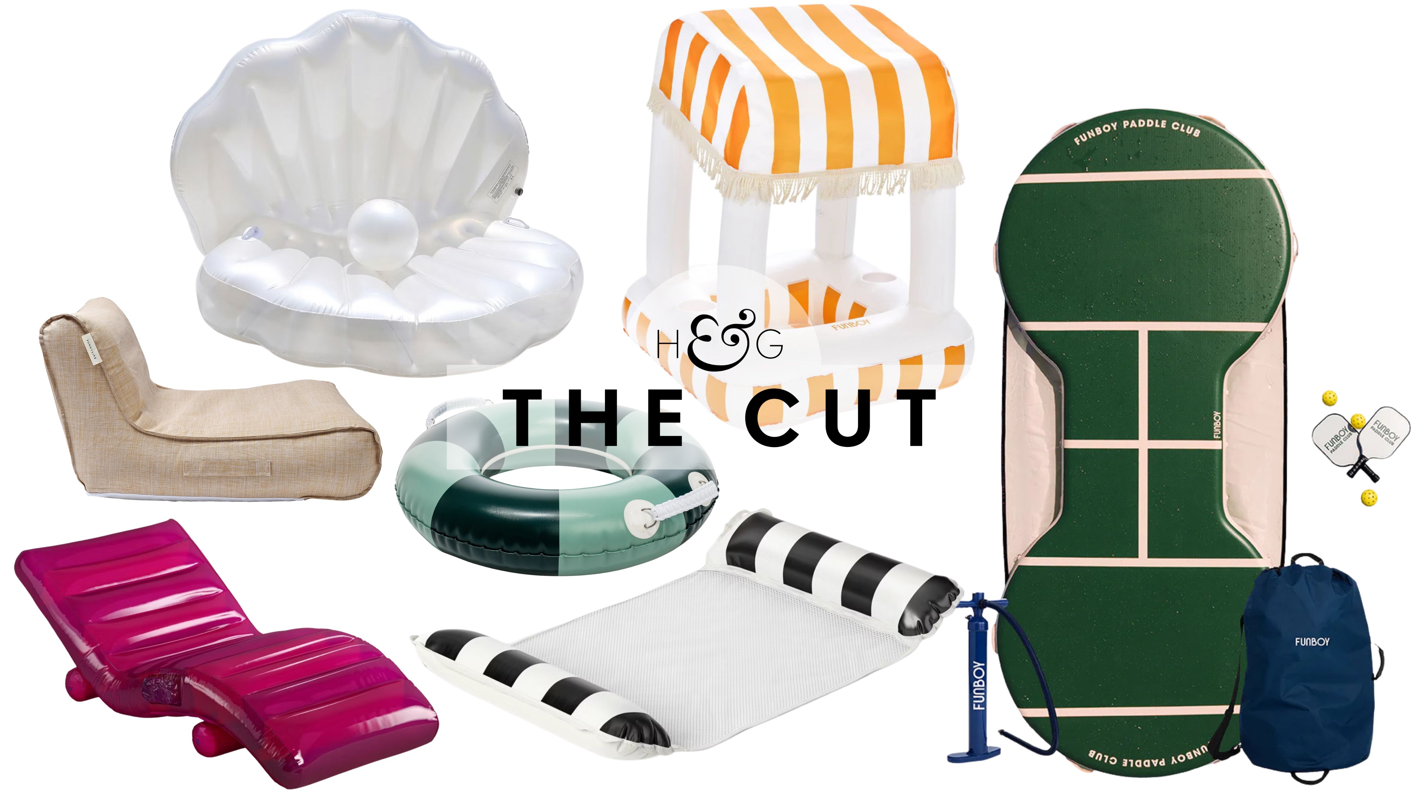 Stylish pool floats, including novelty clamshells, rattan-look loungers, retro-style inner tubes, and a floating pickleball court, pictured against a white background