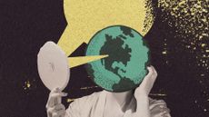 Photo and illustrative collage of a vintage style lady with a hand mirror; her head is replaced with the Earth, and the mirror reflect the Sun's rays