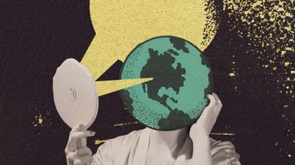 Photo and illustrative collage of a vintage style lady with a hand mirror; her head is replaced with the Earth, and the mirror reflect the Sun's rays