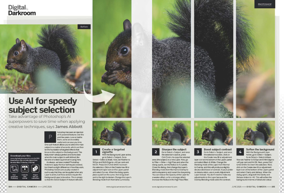 Image showing the Get the Look tutorial in issue 308 (June 2026) of Digital Camera magazine, exploring how to use Adobe Photoshop&amp;rsquo;s Al powers for making speedy subject selections
