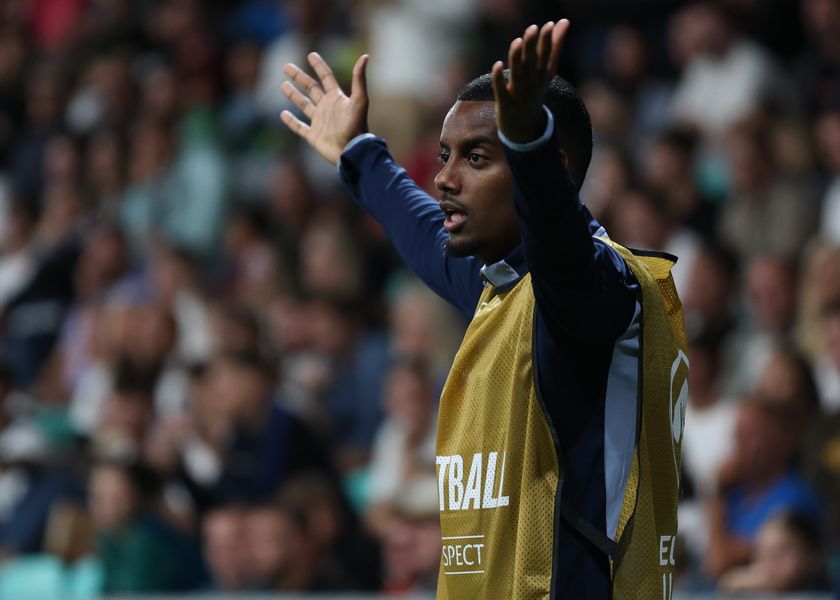 Alexander Isak warms up on the sideline as Sweden draw 2-2 with Slovakia