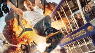 Vin Diesel flies towards the screen hanging onto a helicopter in art for Fast and Furious - Supercharged.