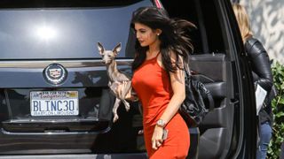 Kylie Jenner holding her Italian Greyhound