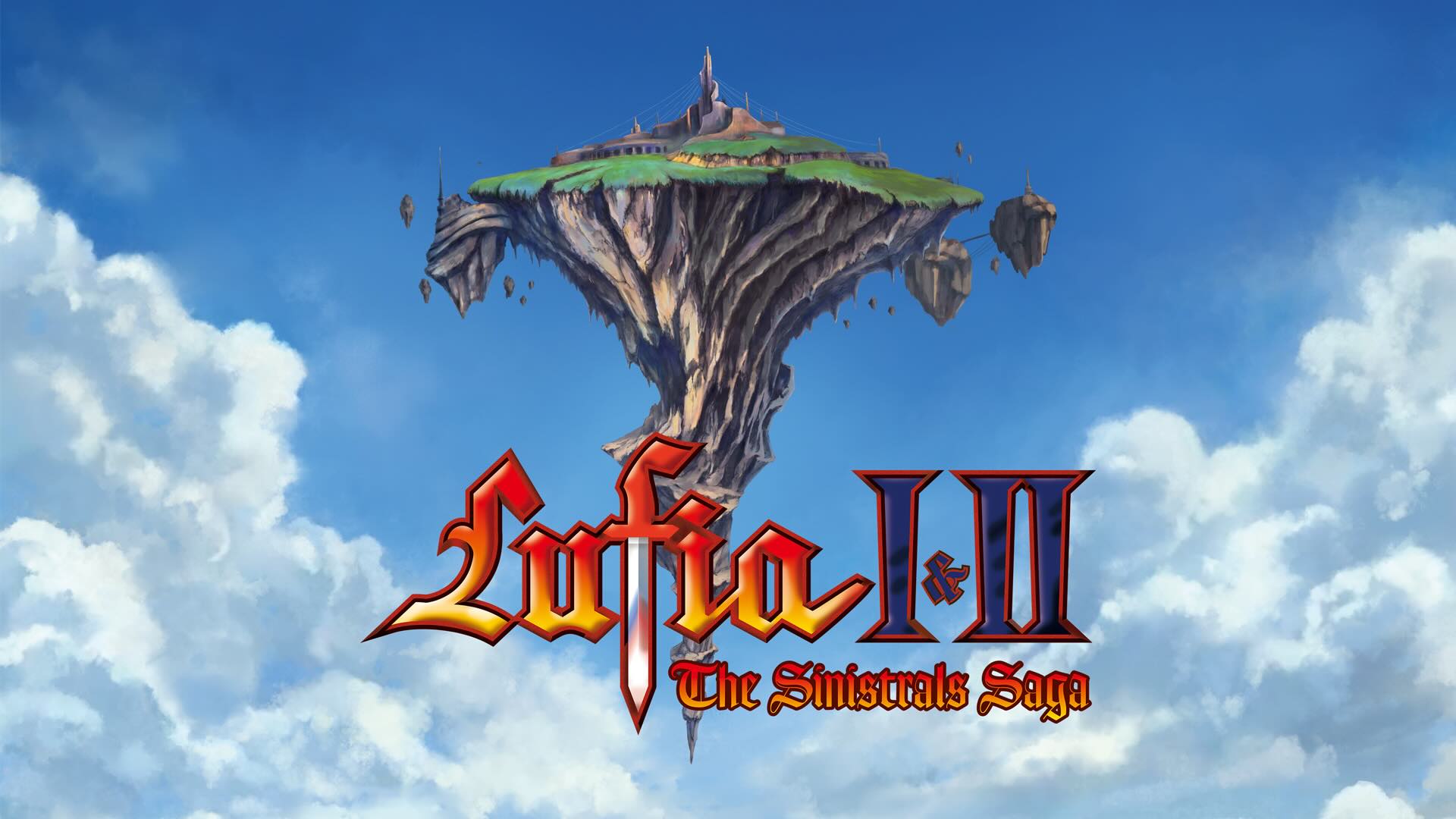 An island floats in the sky. The Lufia 1 and 2 logo is shown.