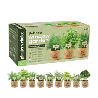 A green box that says '9-herb window garden' with three pictures of plants in brown pots on it, with nine smaller herb pots underneath the box