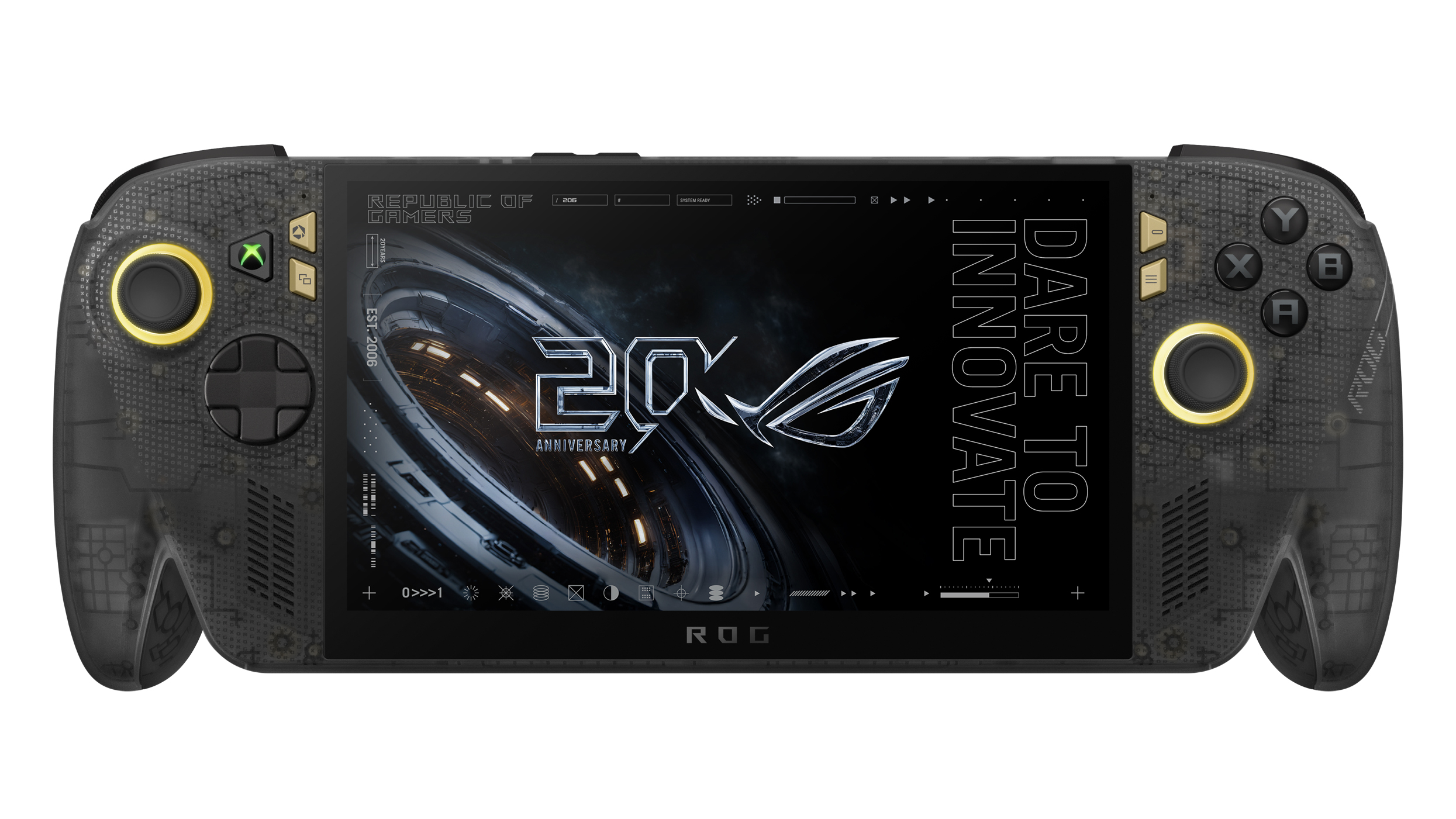 ASUS ROG XboxAlly X20 handheld gaming console with "Dare to Innovate" and "20th Anniversary" text on the screen. Sleek design, illuminated buttons, futuristic vibe.