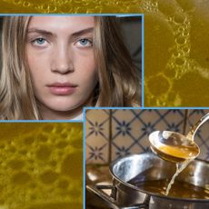 women with clear skin on a bone broth background