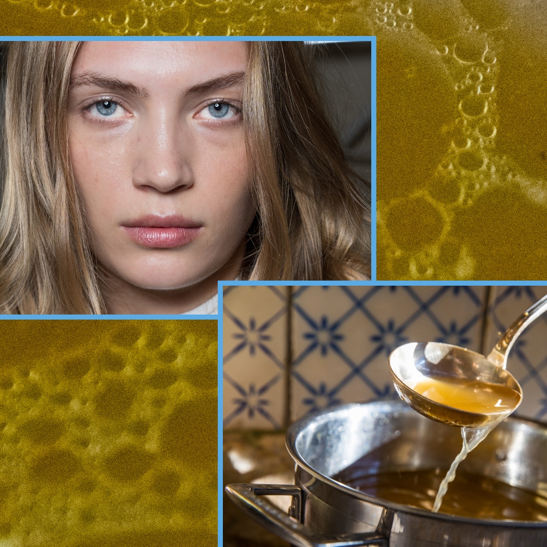 women with clear skin on a bone broth background