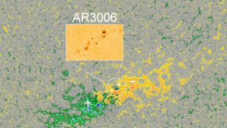 The sunspot region known as AR3006 has an area of a reversed magnetic polarity near its center, a phenomenon that can result in increased solar flare activity.