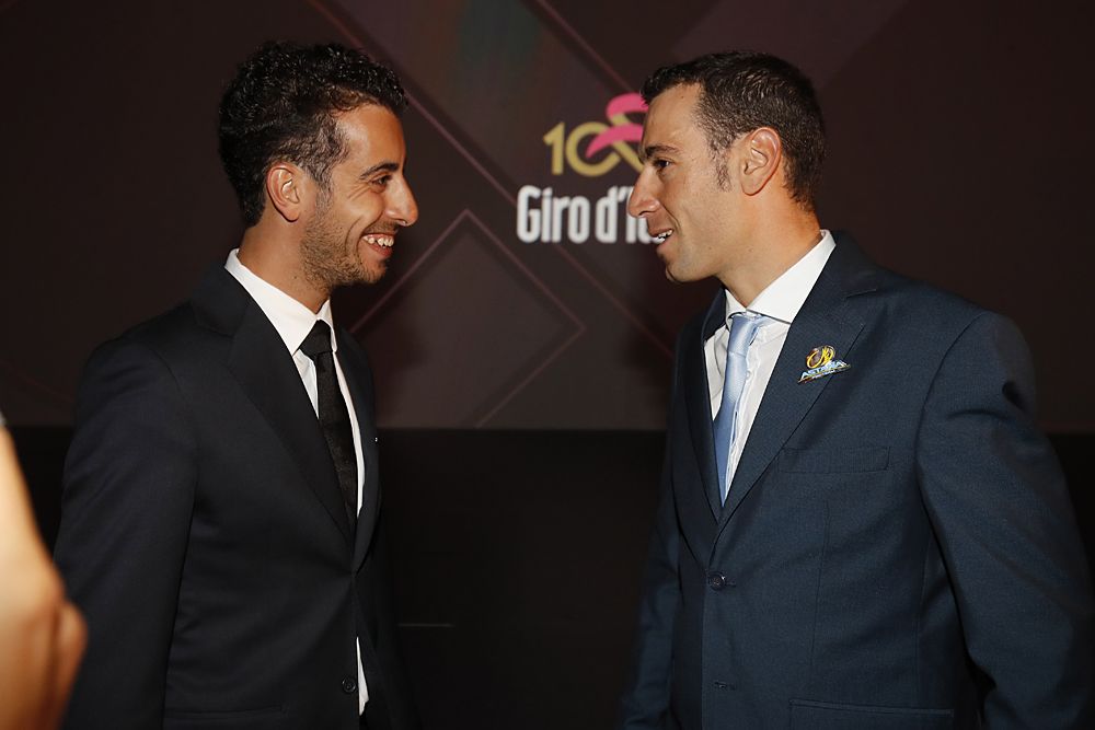 Fabio Aru and Vincenzo Nibali at the 2017 Giro d'Italia presentation in Milan