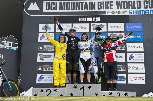 Women's podium: Floriane Pugin, Rachel Atherton, Emmeline Ragot, Myriam Nicole, Tracy Moseley