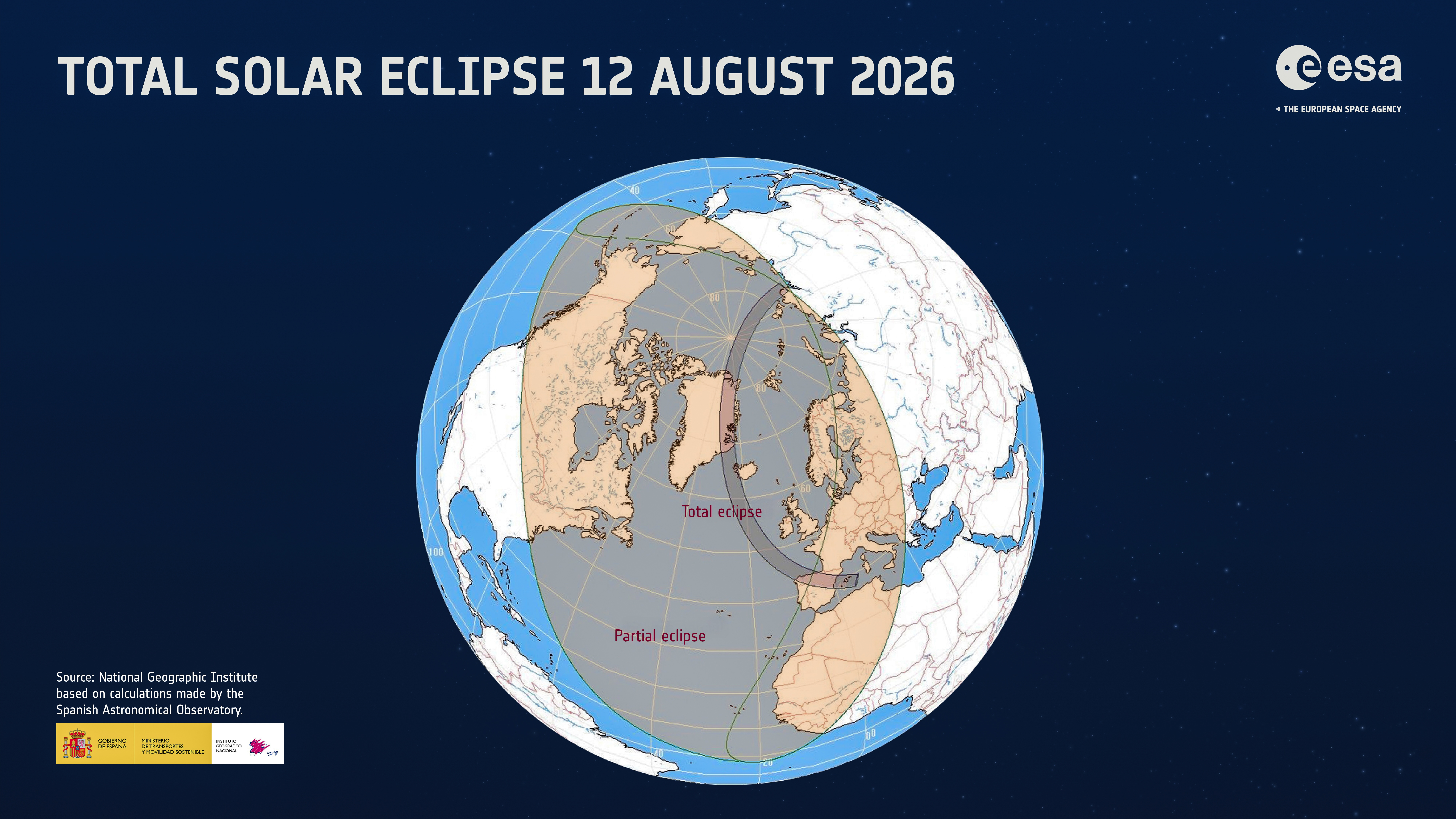 World map showing the areas of total and partial solar eclipse for August 12 2026