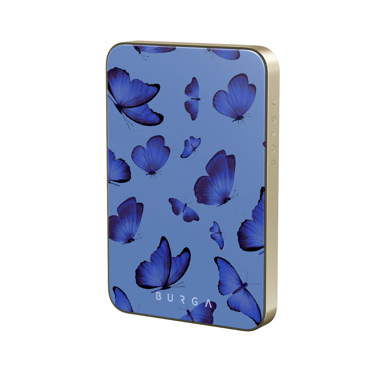 A Burga magnetic phone charger with electric blue butterflies on a lighter blue background