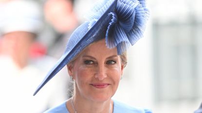 Sophie, Duchess of Edinburgh smiles as she departs the Thanksgiving Service to mark the 80th anniversary of VE Day at Westminster Abbey on May 08, 2025 in London