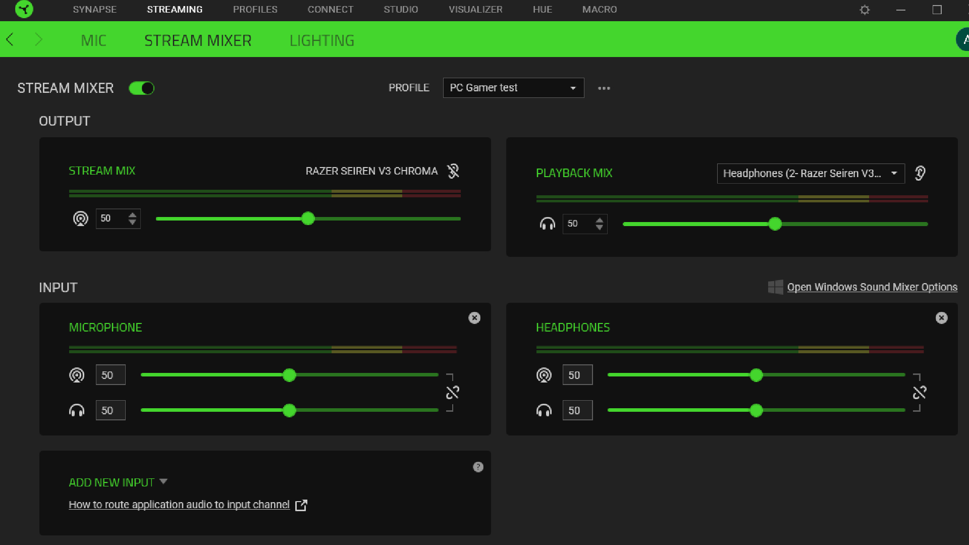 A screenshot of the Stream Mixer settings in the Razer Synapse software