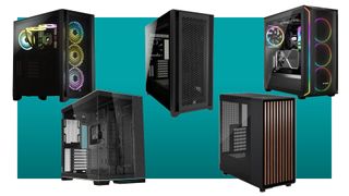 A collection of modern PC cases against a teal background with a white border