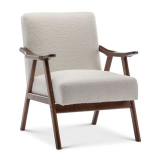 White boucle wooden framed armchair