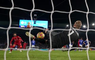 Kasper Schmeichel saves Mohamed Salah's penalty