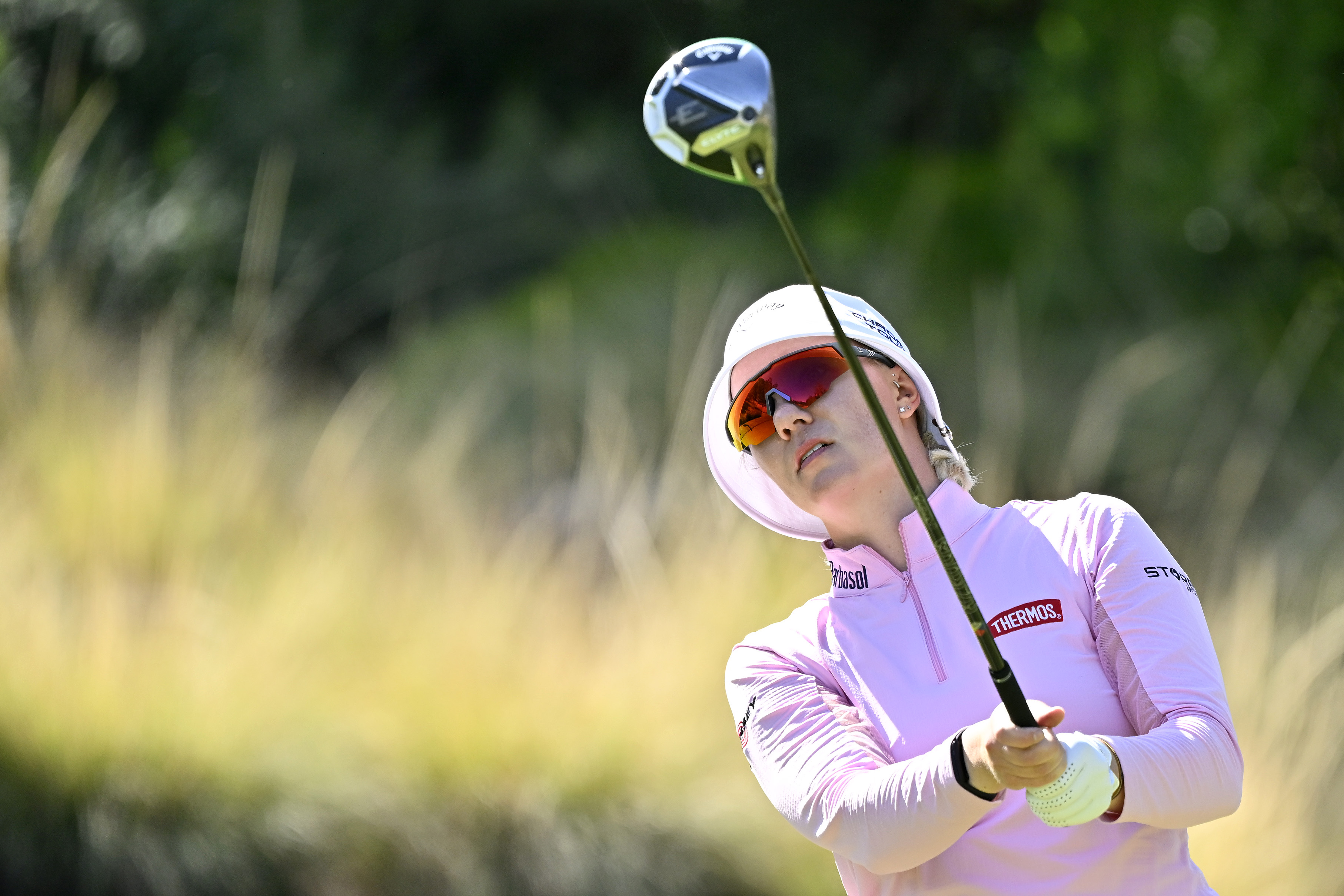 Madelene Sagstrom watches a tee shot