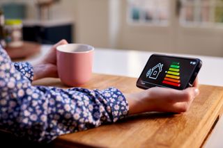 Woman holding cup of tea and smart meter