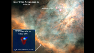 Hubble image of the Orion Nebula, and a zoom in on the protoplanetary disc d203-506 taken with the James Webb Space Telescope
