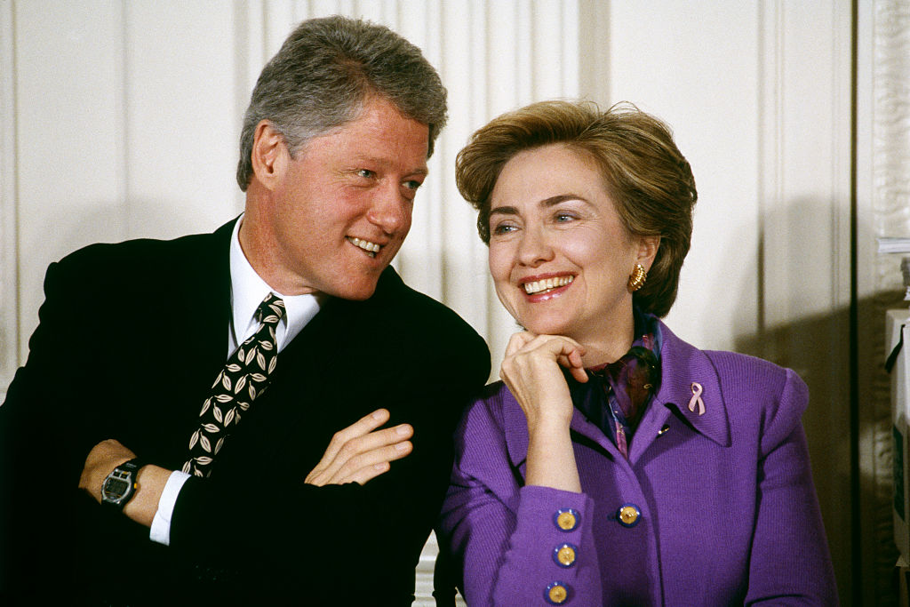 American president Bill Clinton and his wife Hillary Clinton support the fight against Cancer. (Photo by Jeffrey Markowitz/Sygma via Getty Images)