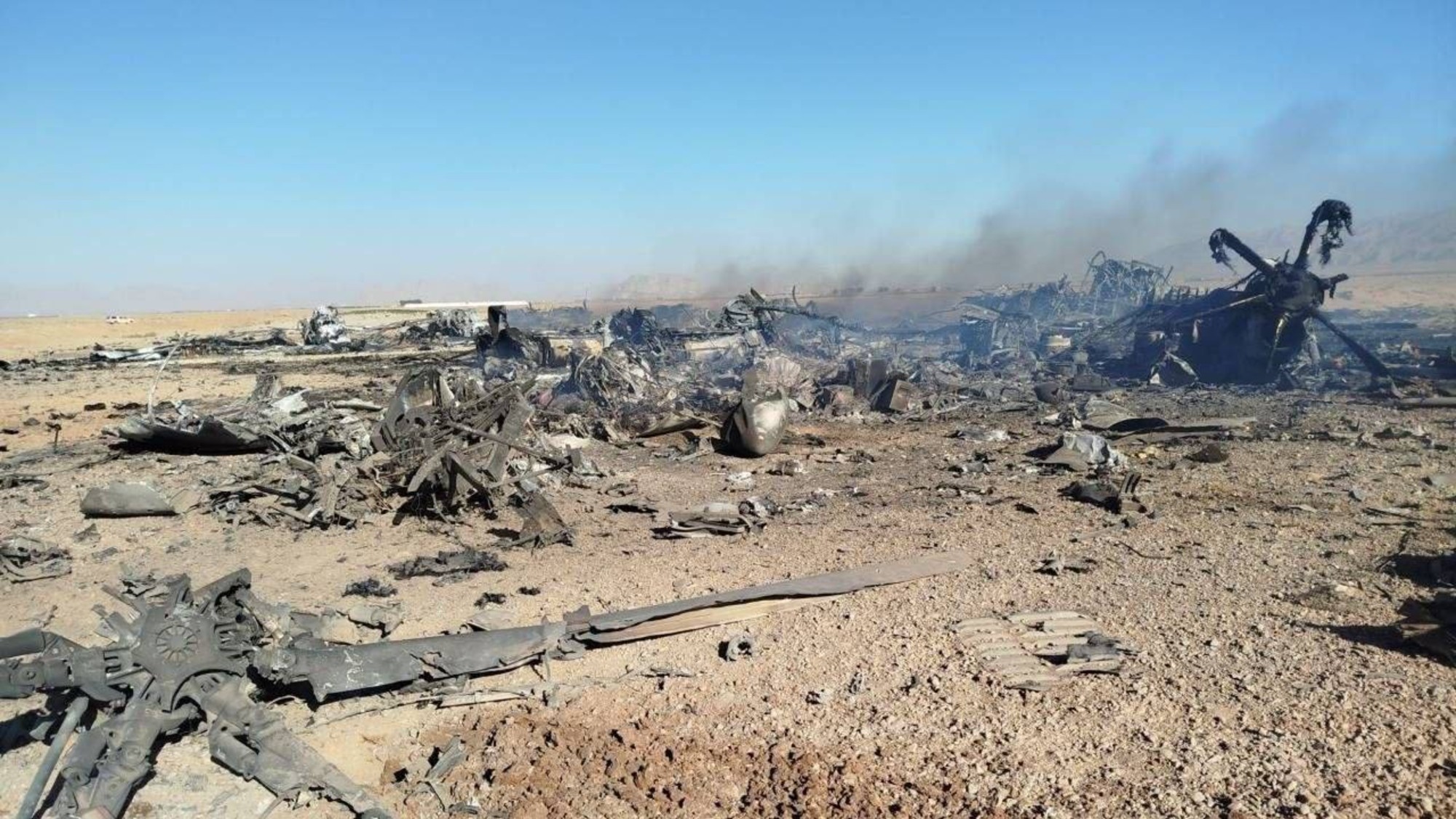Wreckage is seen from what Iranian authorities say is a U.S. military helicopter that crashed during a mission to rescue the missing American pilot of an F-15E 