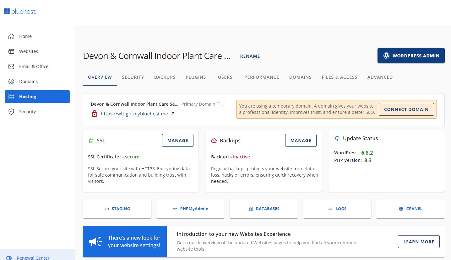 An image of the more technical Bluehost settings