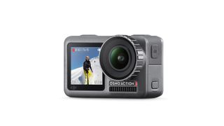 DJI Osmo Action camera with a front screen showing a man being filmed snowboarding